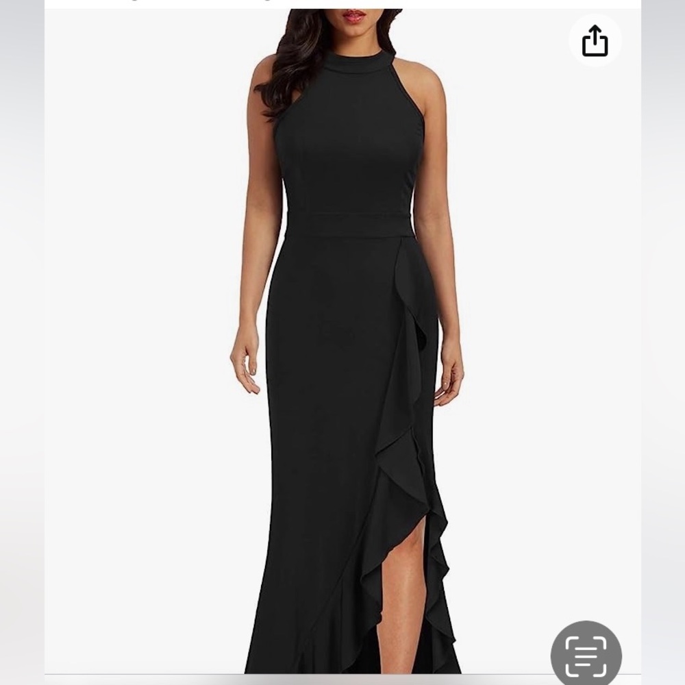 NWT Woosea black high Nick split body cone. Ruffles maxi evening dress size L.
